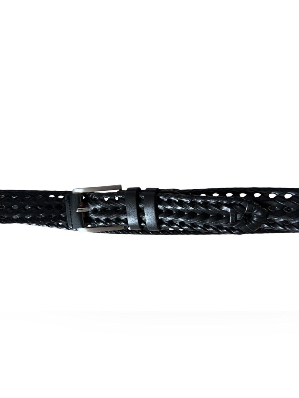 XL Men's 50" Black Leather Braided Belt Silver Buckle